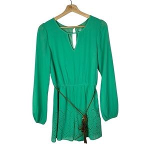 She + Sky Mint Green Laser Cut Long Sleeve Silk Romper S